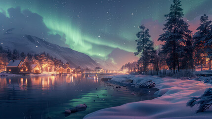aurora borealis, northern winter-landscape