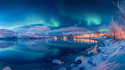 Gordijnen aurora borealis, northern winter-landscape © Comofoto