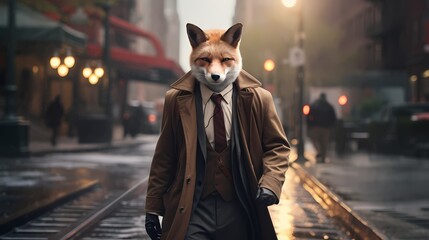 A fashion-forward fox sporting a fedora and a tailored suit, strutting down a city sidewalk with...