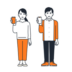 スマートフォンの画面を見せる若い男女のシンプルなベクターイラストセット素材