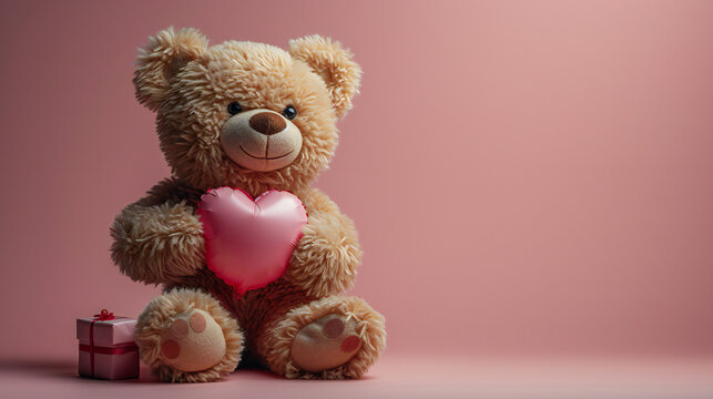 A fluffy teddy bear holds a pink heart with a gift box beside it on a soft pink background. This image is perfect for: valentine’s day, love, gifts, celebrations, affection.