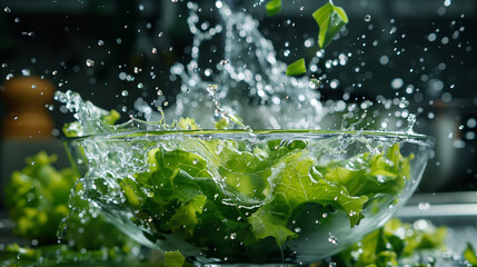 Bowl of salad during cleanup with water, water overflow, fresh and healthy green salad