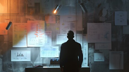 Mysterious silhouette of a man against illuminated documents. dark, moody atmosphere in a detective style setting. ideal for suspense themes. AI