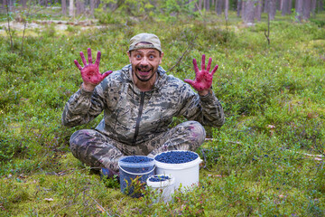 Funny man shows his hands smeared with blueberries. Nearby there are buckets filled with wild berries.