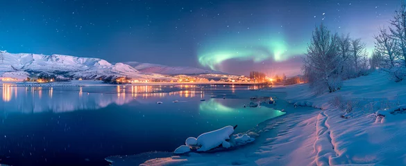 Fototapeten aurora borealis, northern winter-landscape © Comofoto
