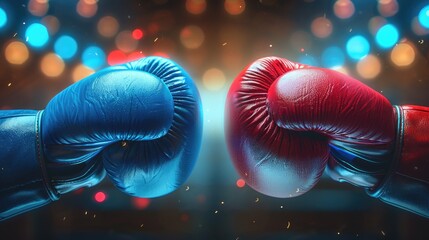Red and blue gloves in boxing arena place for text  - obrazy, fototapety, plakaty