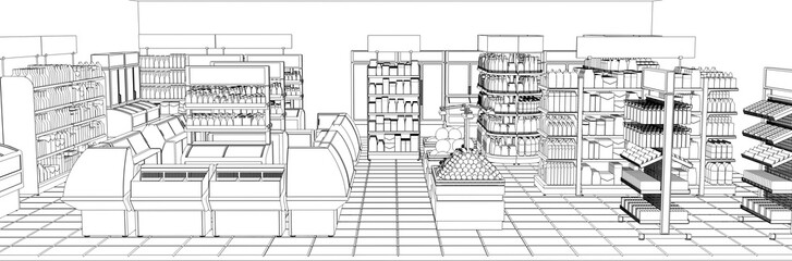 Contour visualization of grocery store with racks of blank goods. 3d illustration
