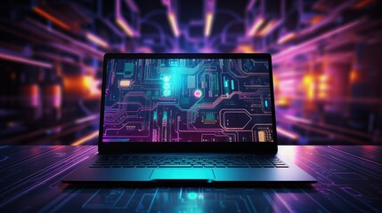 Laptop with futuristic circuit board on a screen. Computer engineer, programmer and software development. Digital transformation technology concept.