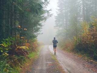 Jogging along a misty forest trail, the sounds of nature all around