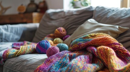 Knitting a colorful scarf, yarns sprawled around on a comfy sofa 