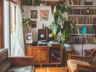 Listening to vinyl records in a living room filled with vintage decor