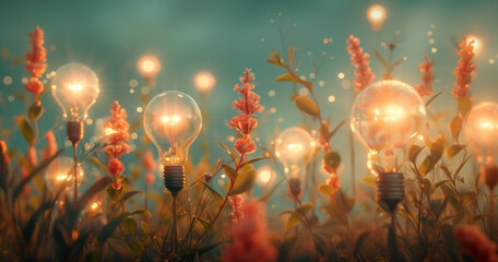 A field of spring flowers and lit bulbs