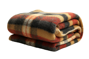 folded warm wool checkered plaid blanket on transparent background, Png format.