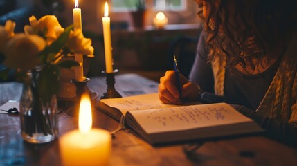 Writing in a journal by candlelight, reflecting on the day 