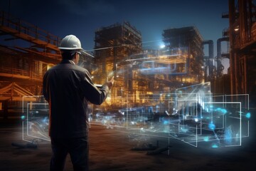 Modern neon cyberpunk open space warehouse interior blurred with information technology overlay. Corporate strategy for logistics, operations, commerce, marketing. Industry 4.0