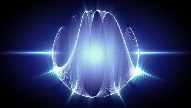 Abstract energy structure in a shape of morphing blue sphere made of glowing lines with bright light rays on a shiny background. Science and computer technology visualization. Looped video, 4k, 60 fps