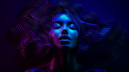 Abstraktes Portrait einer Frau in 3D-Wellenmuster. Ultraviolett beleuchtet. Illustration