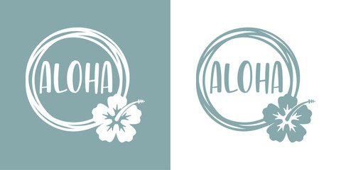 Logo vacaciones en Hawái. Marco circular con líneas con  palabra aloha y silueta de flor de hibisco