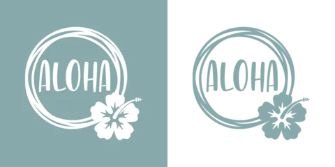 Fototapeten Logo vacaciones en Hawái. Marco circular con líneas con  palabra aloha y silueta de flor de hibisco © teracreonte