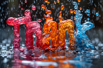 The photography style captures the 3D word "Thank You" formed from colorful liquid. Liquid splashes, bright tones. Black background