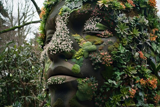 A stone statue featuring a face covered in a variety of vibrant green plants, creating a unique and intriguing visual contrast. Generative AI