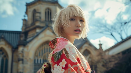 Fototapeta premium 金髪の日本人女性が着物をきて廃墟の建物の前を歩く