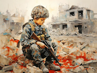 A child's innocent artwork on the reality of war - obrazy, fototapety, plakaty