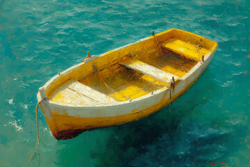 top down view . Clear water. oil painting of small boat at sea in a sunny day, modern impressionism