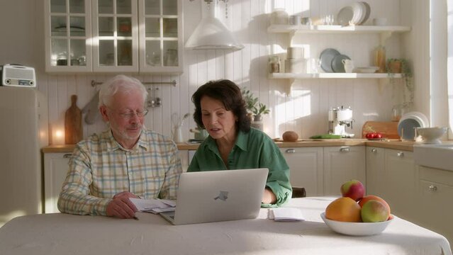 Delighted seniors embracing technology. Elderly couple socializing on laptop. Happy older couple using laptop and exploring the internet together. grandparents having fun online