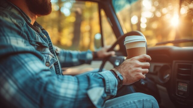 Young man driving car with coffee to go cup in hand   modern urban lifestyle concept