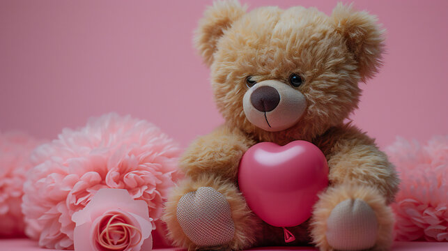 A teddy bear holding a pink heart, surrounded by elegant flowers. This image is perfect for: valentine’s day, love, gifts, romance, celebrations.