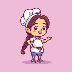 Cute character chef girl wearing chef clothes and white chef hat vector caroon
