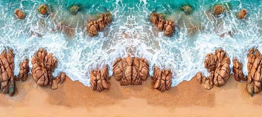 Aerial view of waves hitting rocks on ocean shore with clear turquoise water and rocky outcrops - Powered by Adobe