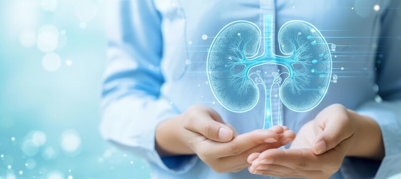 Digital x ray of human kidneys holographic scan 3d rendering on blurred background with copy space
