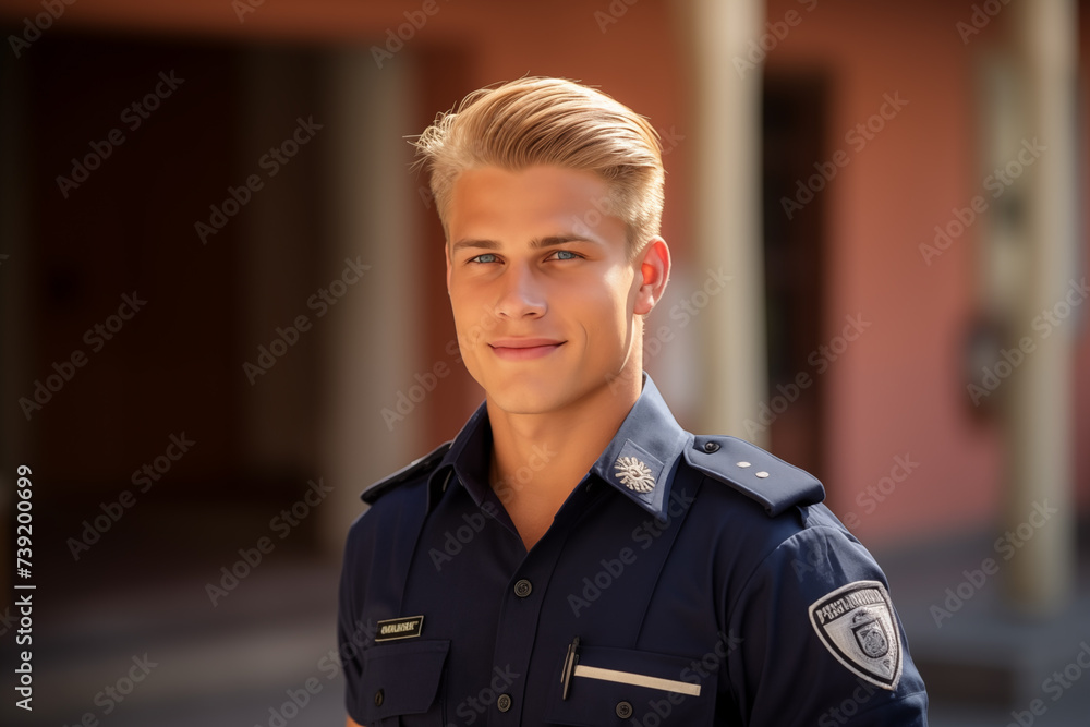 Wall mural young handsome blonde man at outdoors with police uniform