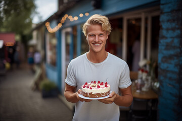 Young handsome blonde man at outdoors holding cake - obrazy, fototapety, plakaty