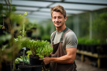 Young handsome blonde man at outdoors holding plants