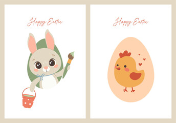 Easter bunny and chick. Set of cute cards.