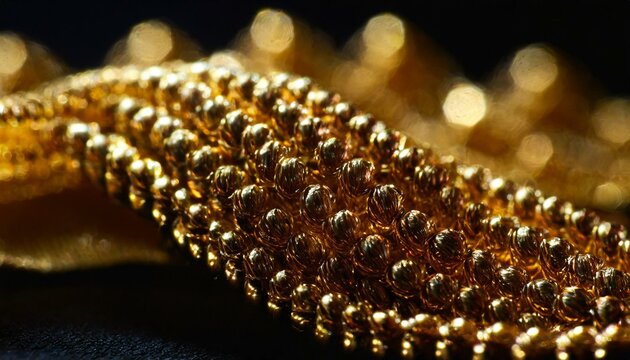 close up of a necklace, close up of a texture Fine golden threads weave through the dark, the tactile beauty of the visual tapestry, an abstract texture that exudes richness, gold necklace on a black 