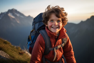 Naklejka premium Little brunette kid at outdoors with mountaineer backpack