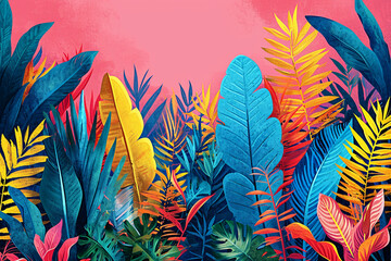 Fototapeta na wymiar Light illustration of Individual standing rare tropical plants, bird of paradise, pothos with a pink sky.