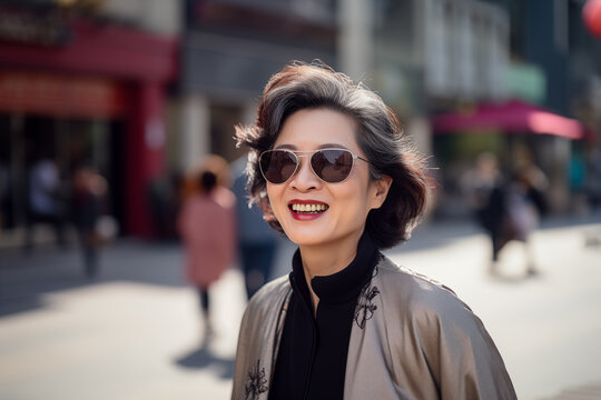 Middle aged Chinese woman at outdoors with sunglasses