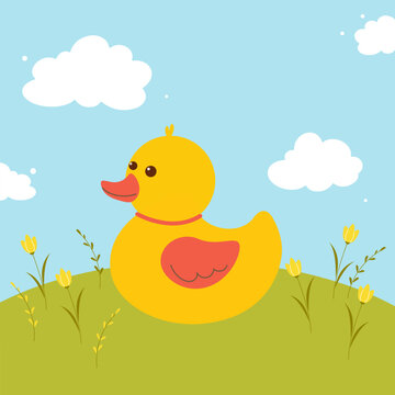 Cute duck in the clearing.Colored flat vector illustration.