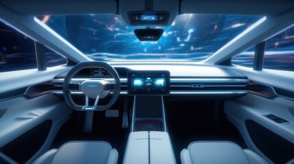 Interior of a self-driving car controlled by an artificial intelligence autopilot. Future technologies, internet of things and smart devices concept. - obrazy, fototapety, plakaty