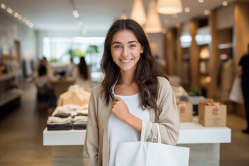 Young pretty brunette girl at indoors with shopping bags
