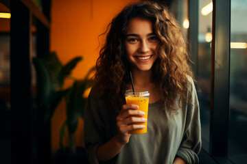 Young pretty brunette girl at indoors holding an orange juice