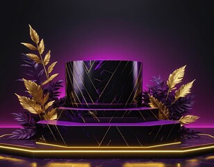 a black matte podium on a purple background with a beautiful decoration of fern and palm branches