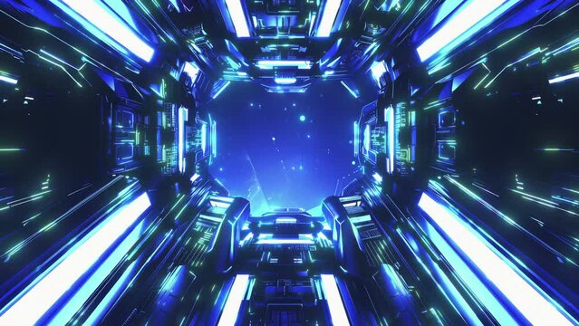 Bright lines outlining sections of the corridor enhancing depth and perspective. Seamless loop animation render, An artistic representation of technology evolution, 