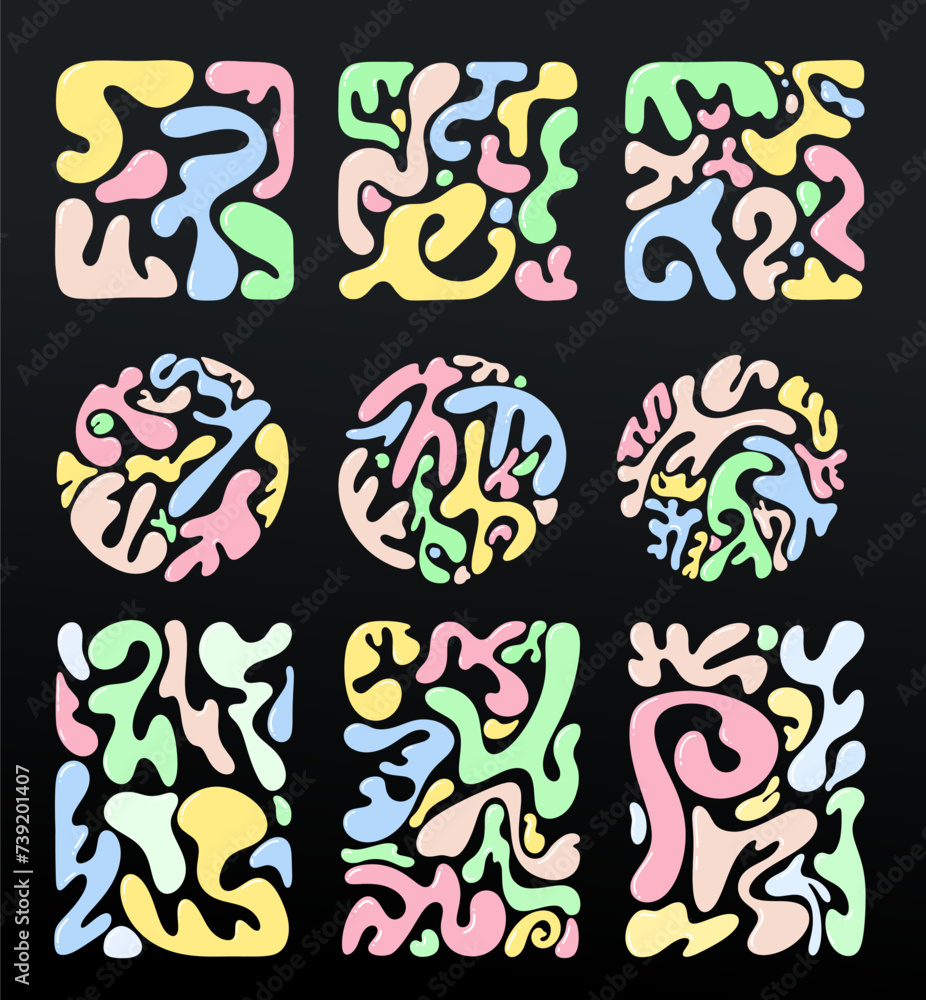 Poster big set of liquid colored abstract organic blob shapes background. wavy elements design bubbles and 