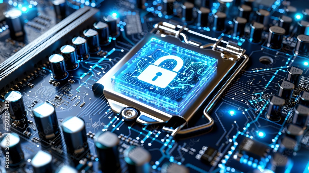 Poster interactive holographic cpu lock icon with shining security elements for data protection